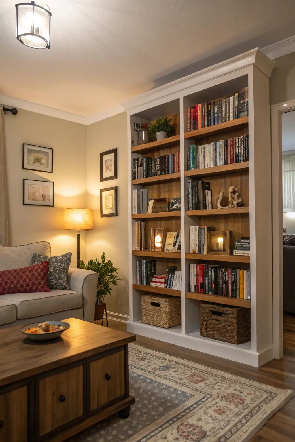 Vertical storage maximizes space and adds visual interest.