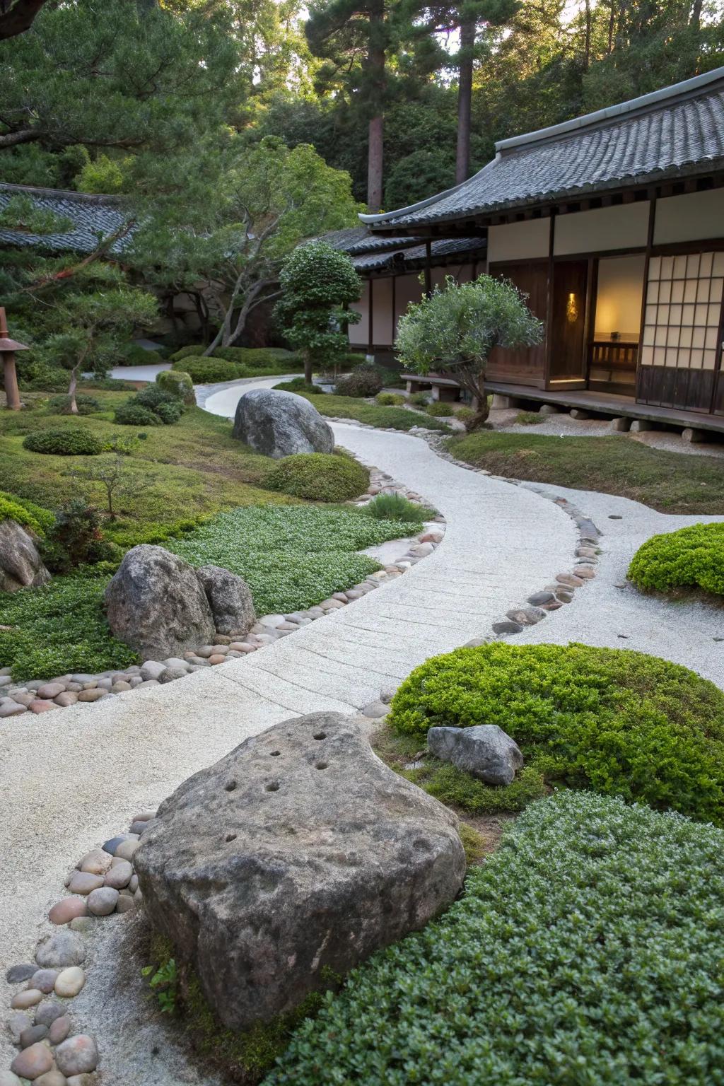 In a zen garden, terrestrial enclosure vegetation softens the area between stones and routes.