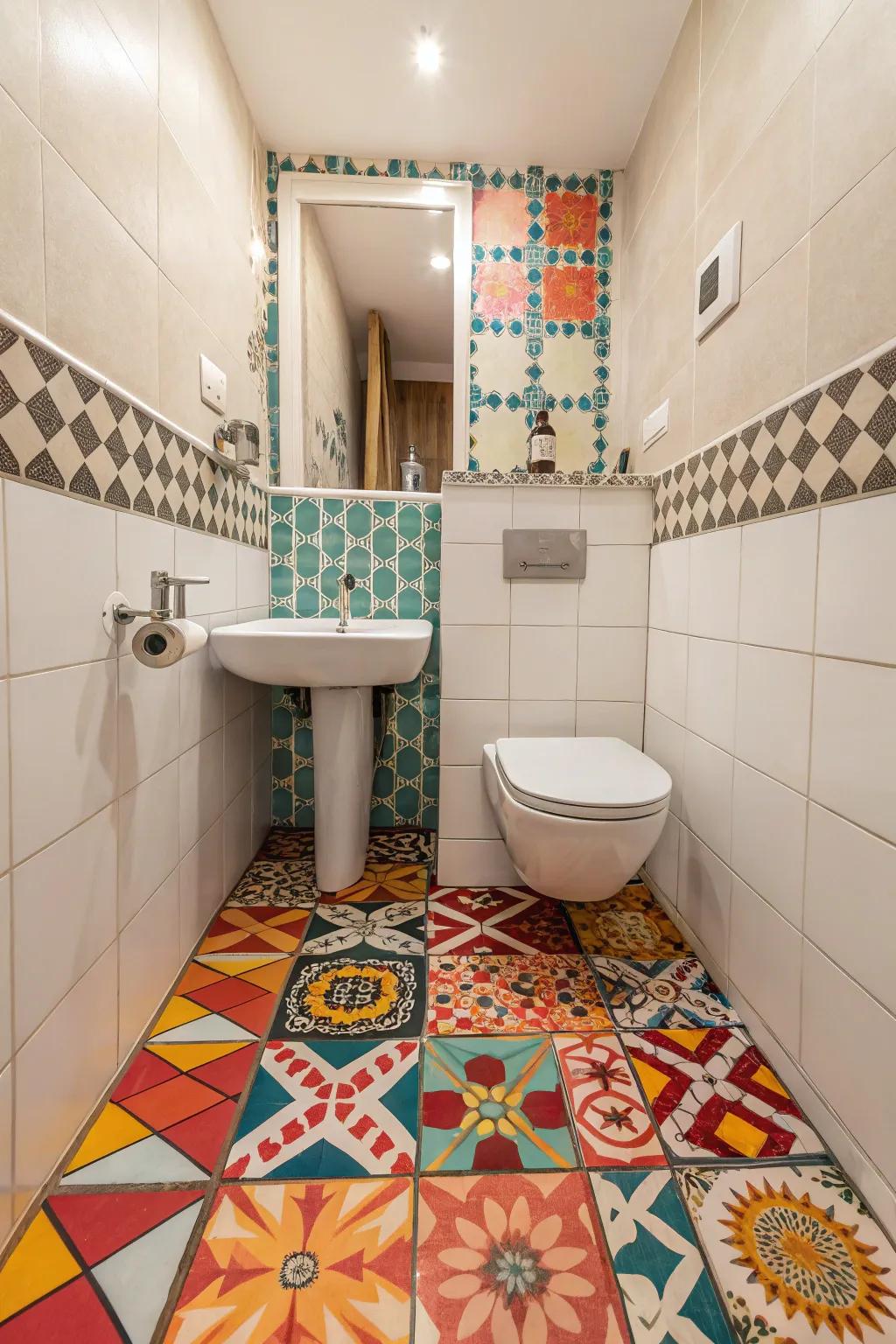 Bold tiles add character to a small bathroom.