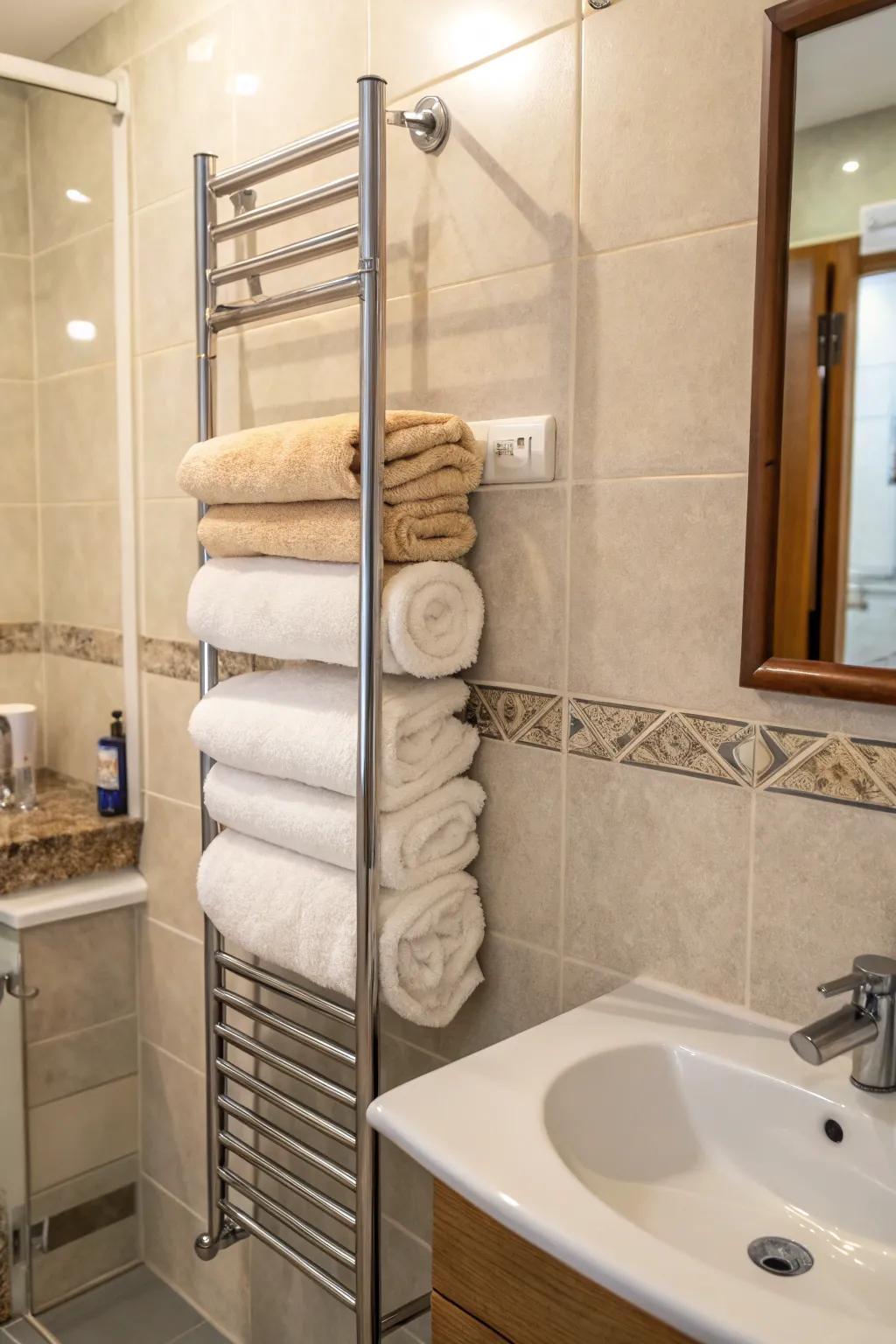 Create a stylish impact using a vertical towel rack.