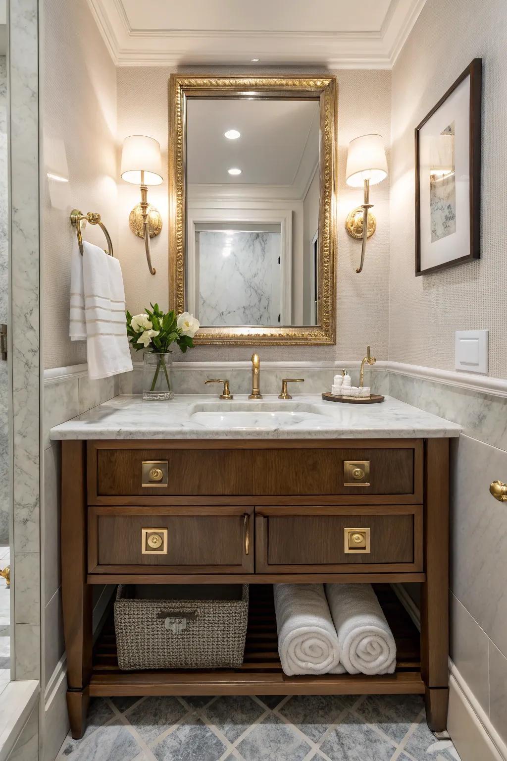 A stone top organizer that brings luxury and elegance to a small bathroom.