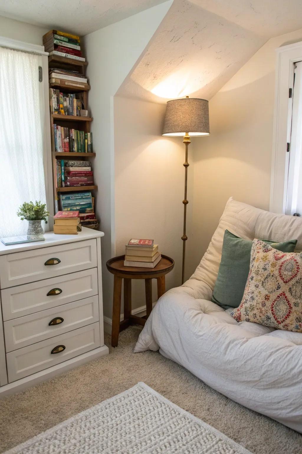 A compact bedroom that includes a comfortable reading nook that has been creatively repurposed.