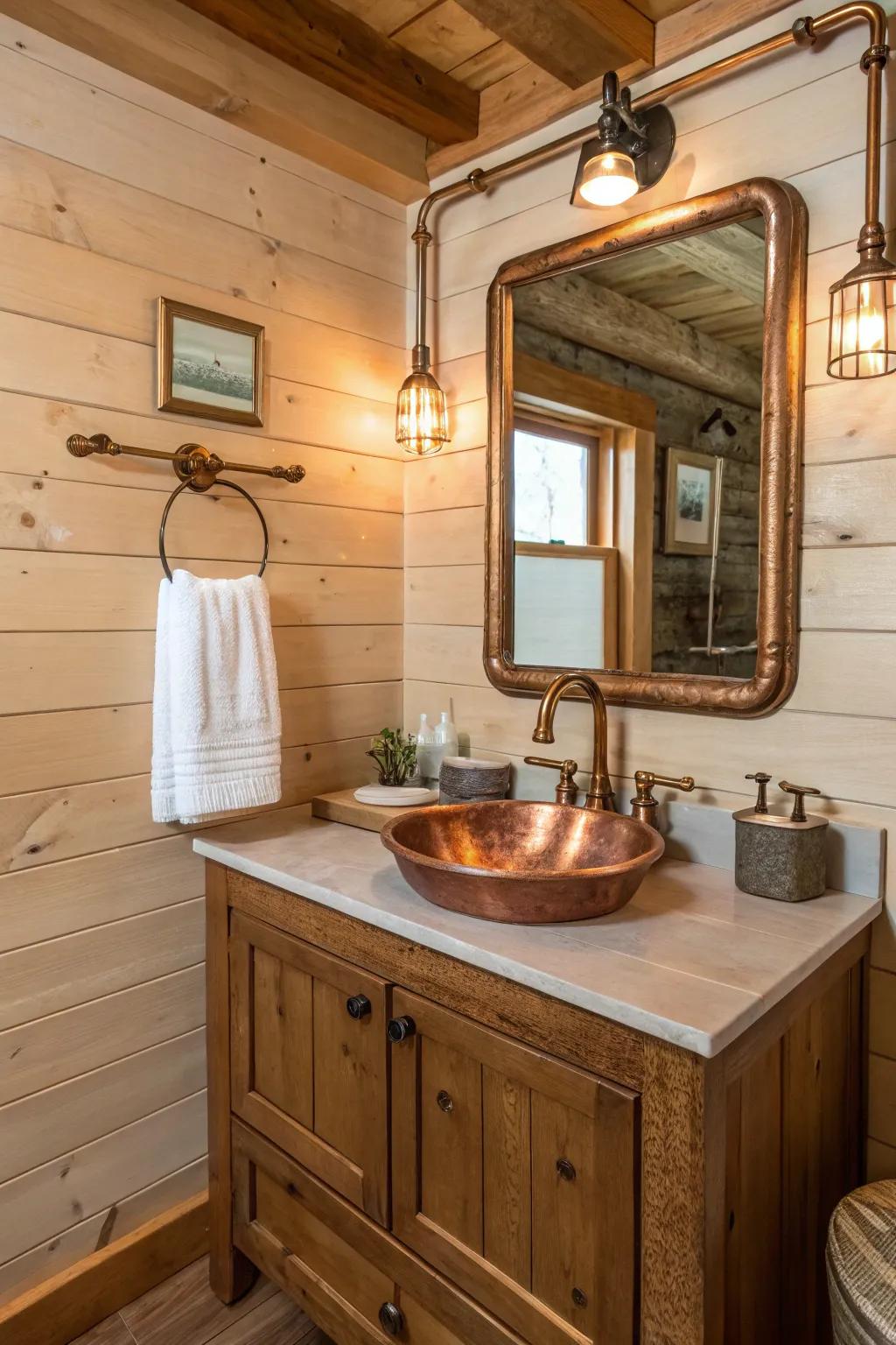 Metallic accents add luxury and contrast to the rustic design.