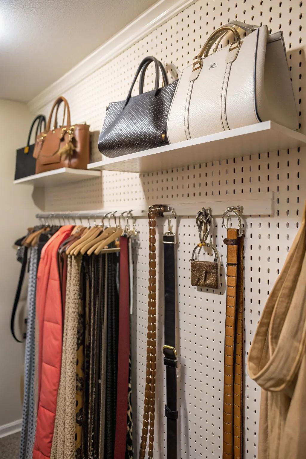 A pegboard provides flexible accessory storage.