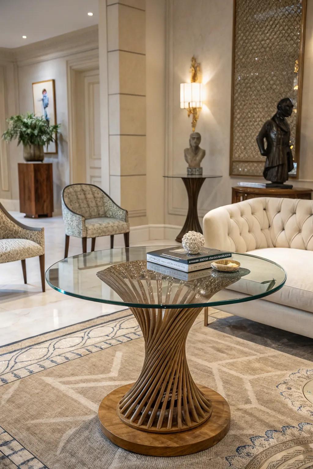 Sculptural bases with glass surfaces pay tribute to modern art.