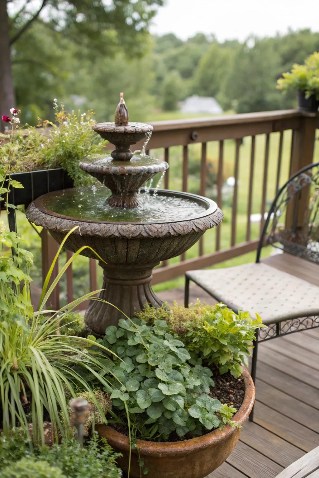 A calming water feature on a compact deck.