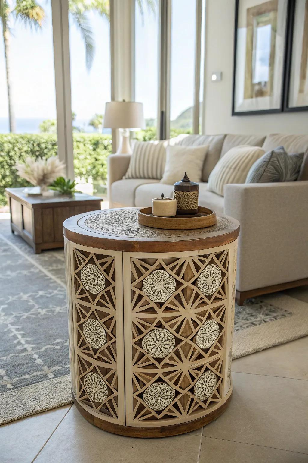 Geometric patterns infuse a contemporary twist into this living room.