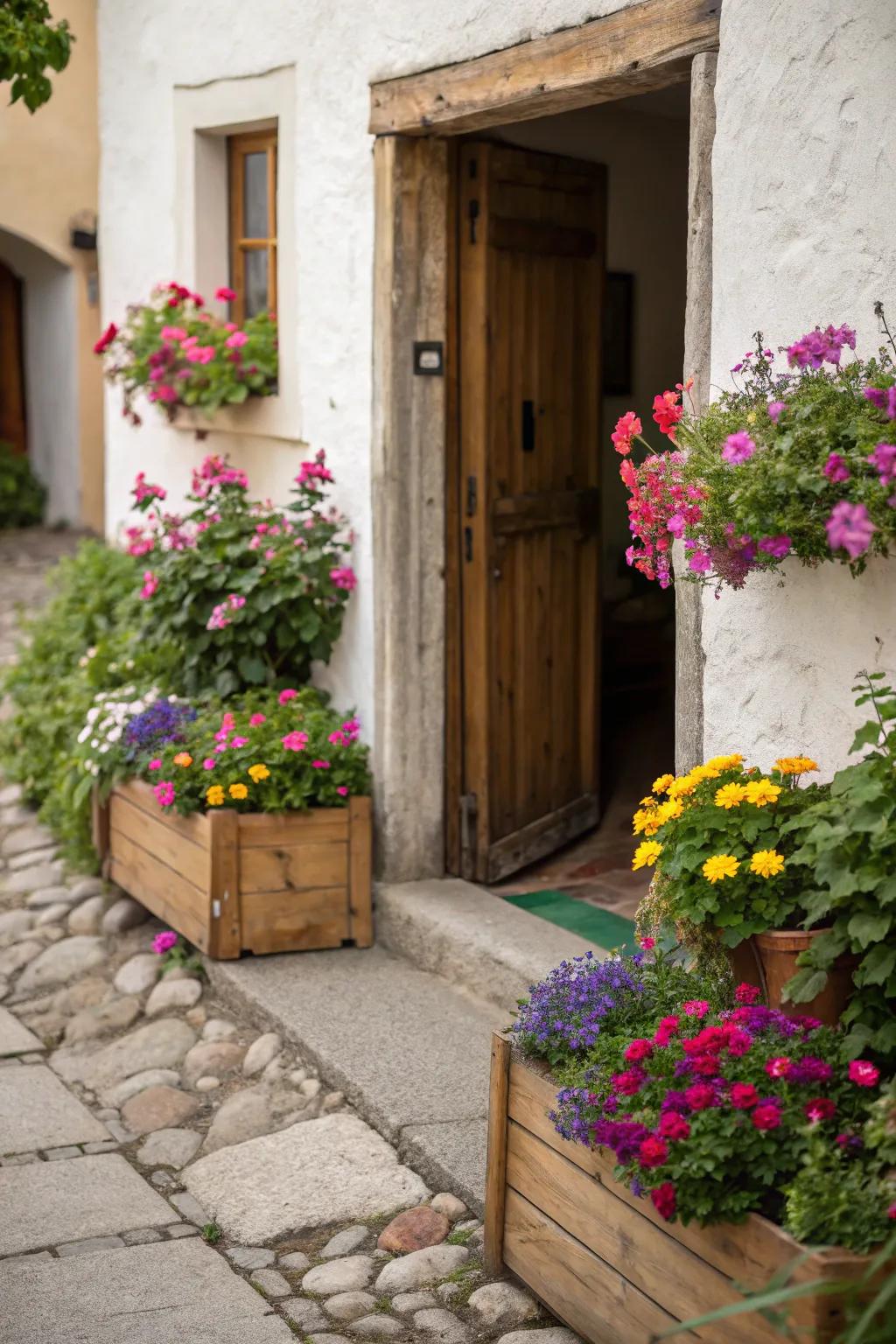 Vessel boxes inject color and vitality to a small entrance.