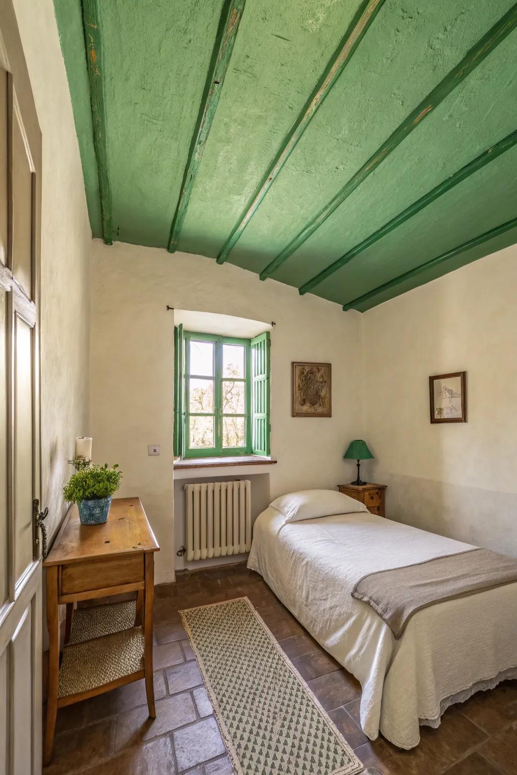 A green ceiling introduces an unexpected design twist.