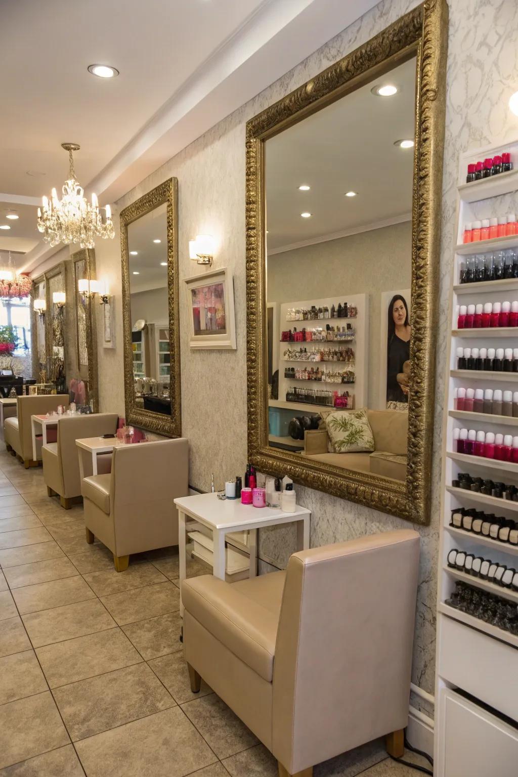 Mirrors establish a spacious sensation within compact areas.