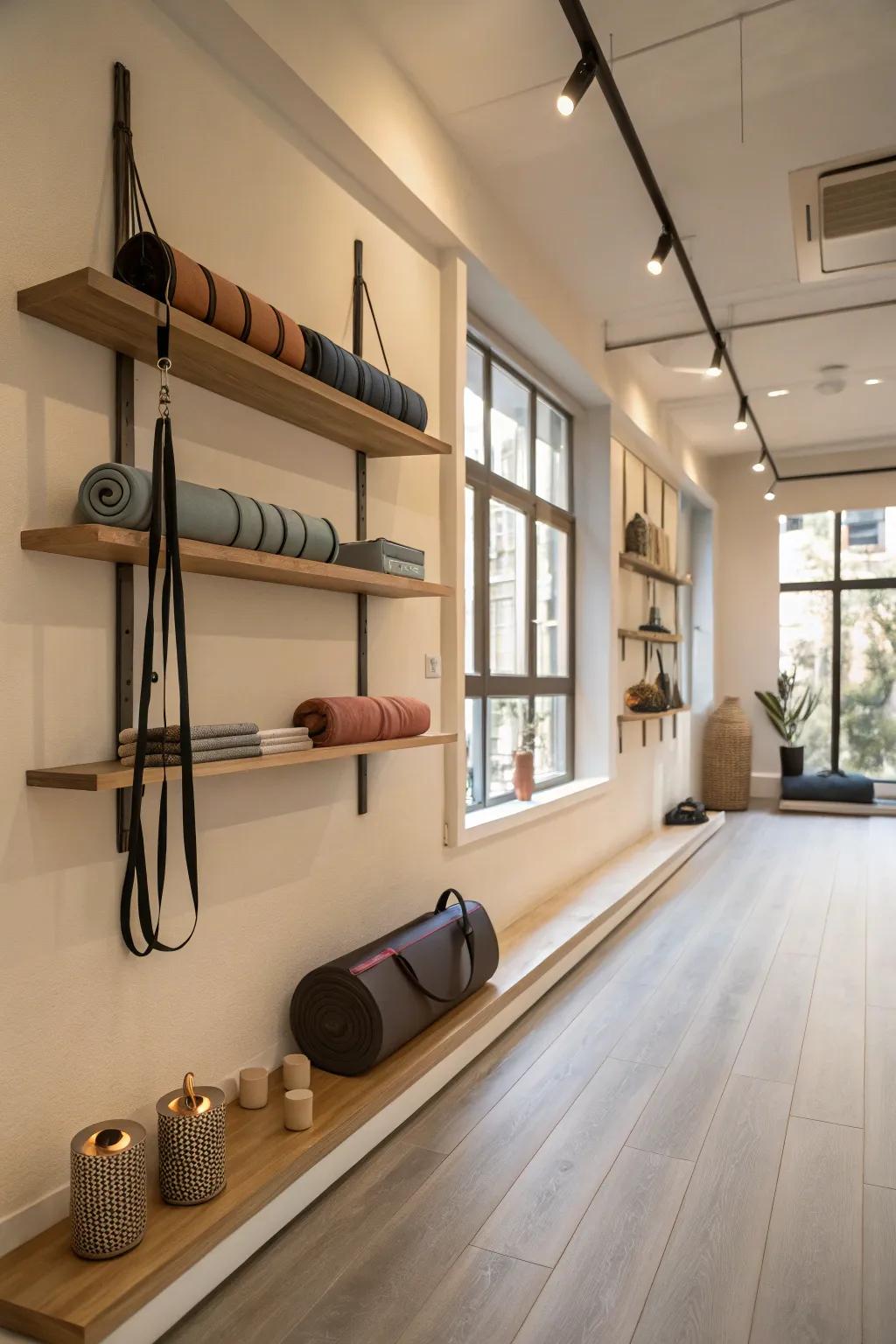 Yoga room utilizing vertical space with floating shelves.