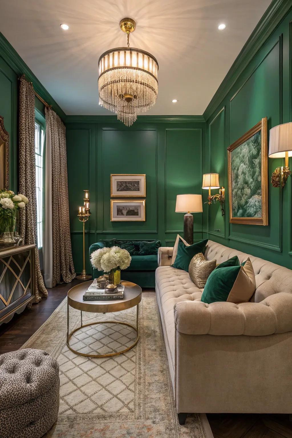 A compact living space showcasing emerald walls for a luxurious detail.