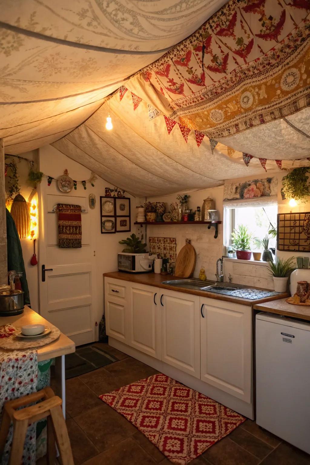 Fabric ceilings bring softness and a cozy vibe to unconventional kitchen designs.