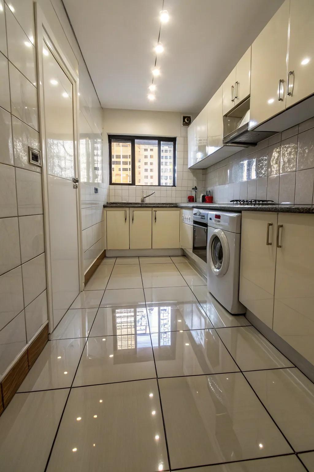 Reflective exteriors enhance the propagation of light and spaciousness within this cooking space.