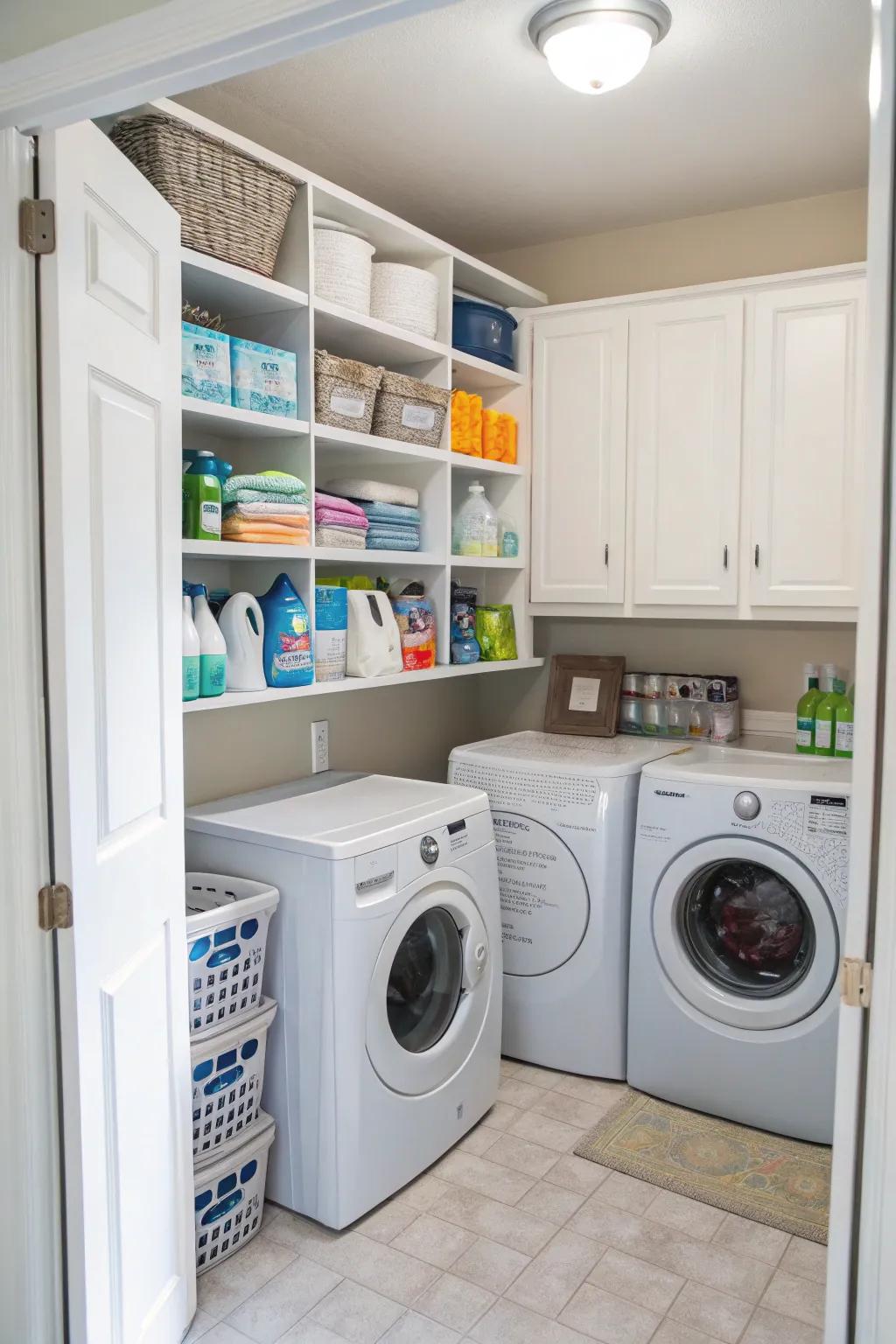 While keeping surfaces tidy, overhead cabinets offer plenty of storage.