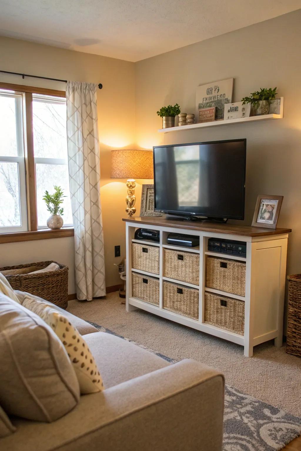 A media console with storage ensures your media accessories are tidy.
