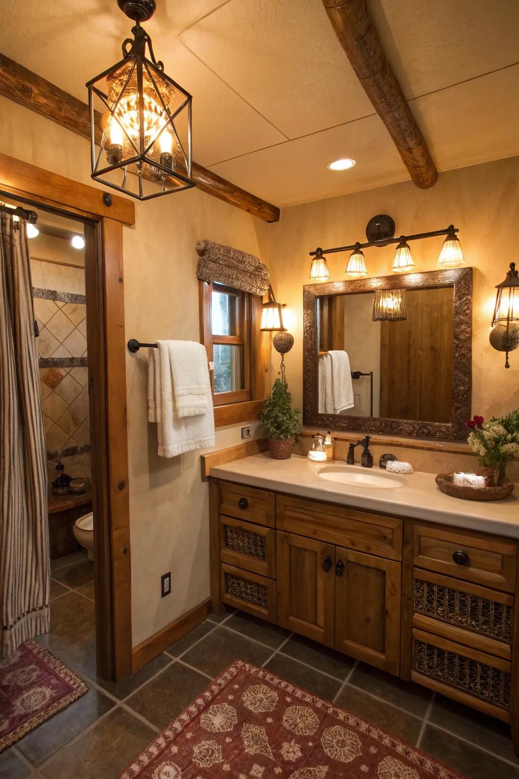 Rustic lighting fixtures add warmth to a bathroom.