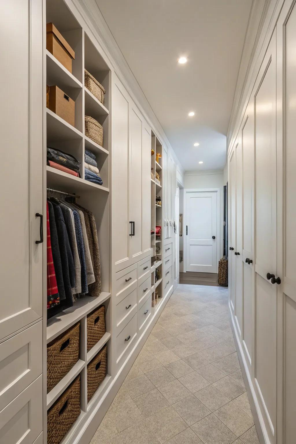 Concealed storage solutions can keep your slender passageway neat and organized.