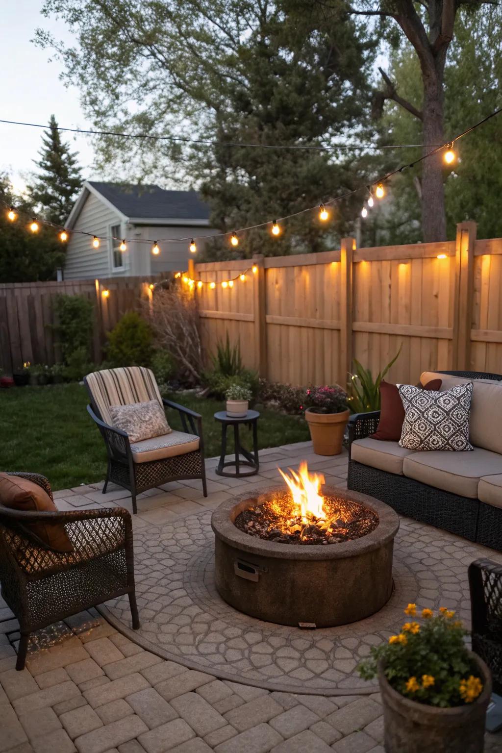 A mobile fire pit adds warmth and ambiance.