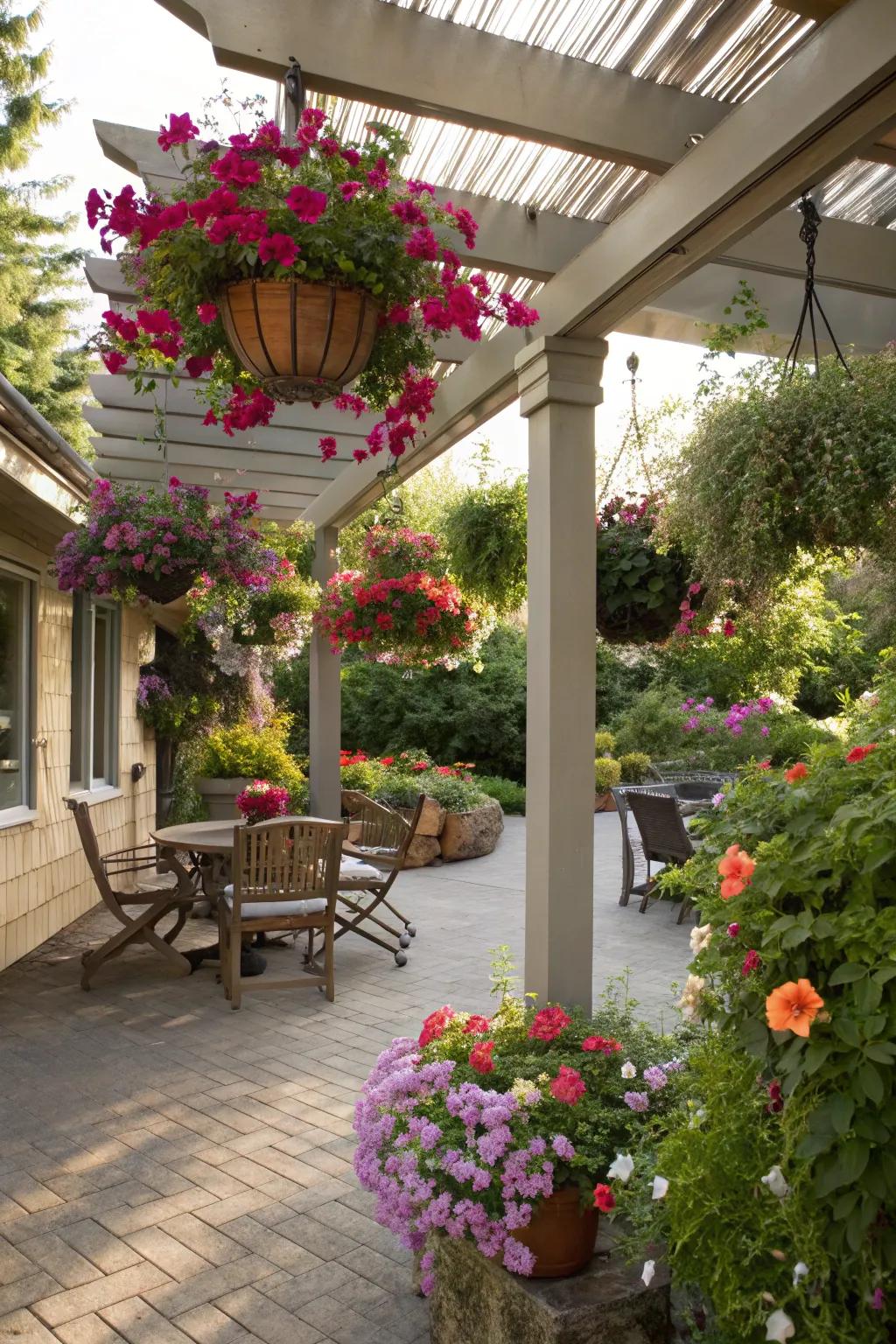 Suspended planters contribute a lush and colorful dimension to a small canopy.