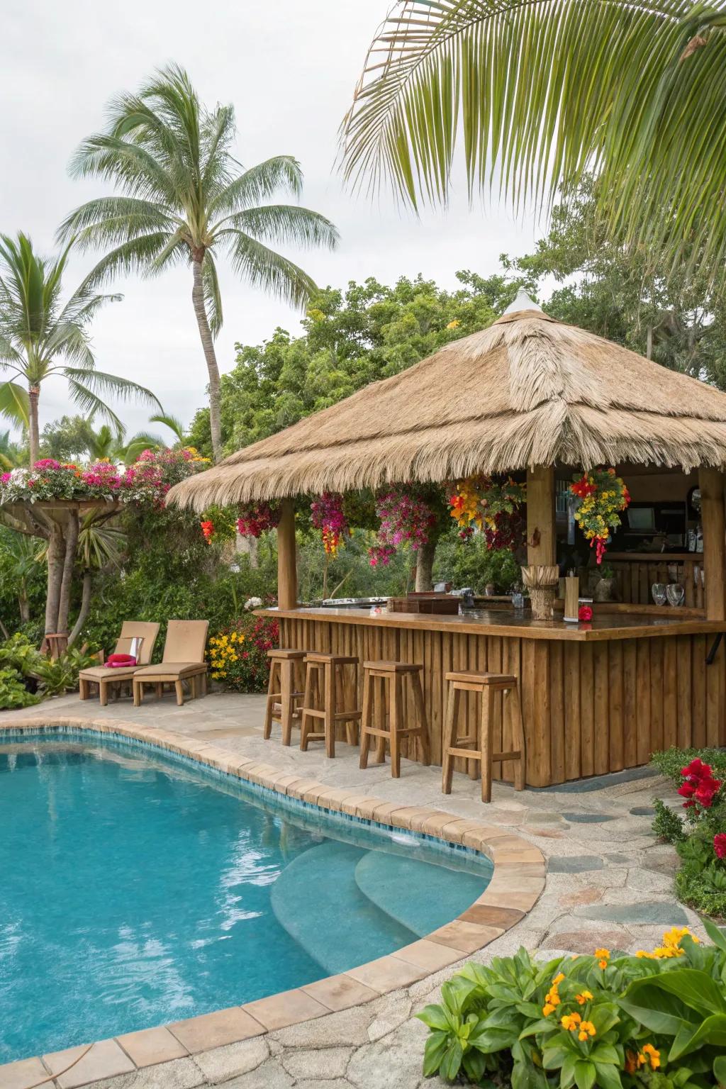 A tiki bar brings an exotic and fun twist to your poolside.