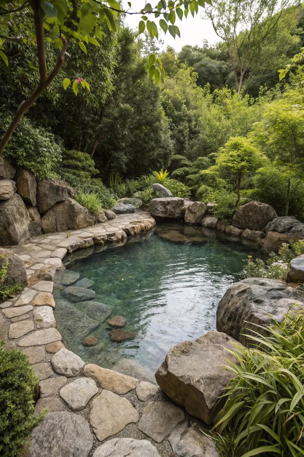 Natural components alter this pool into a restful haven.