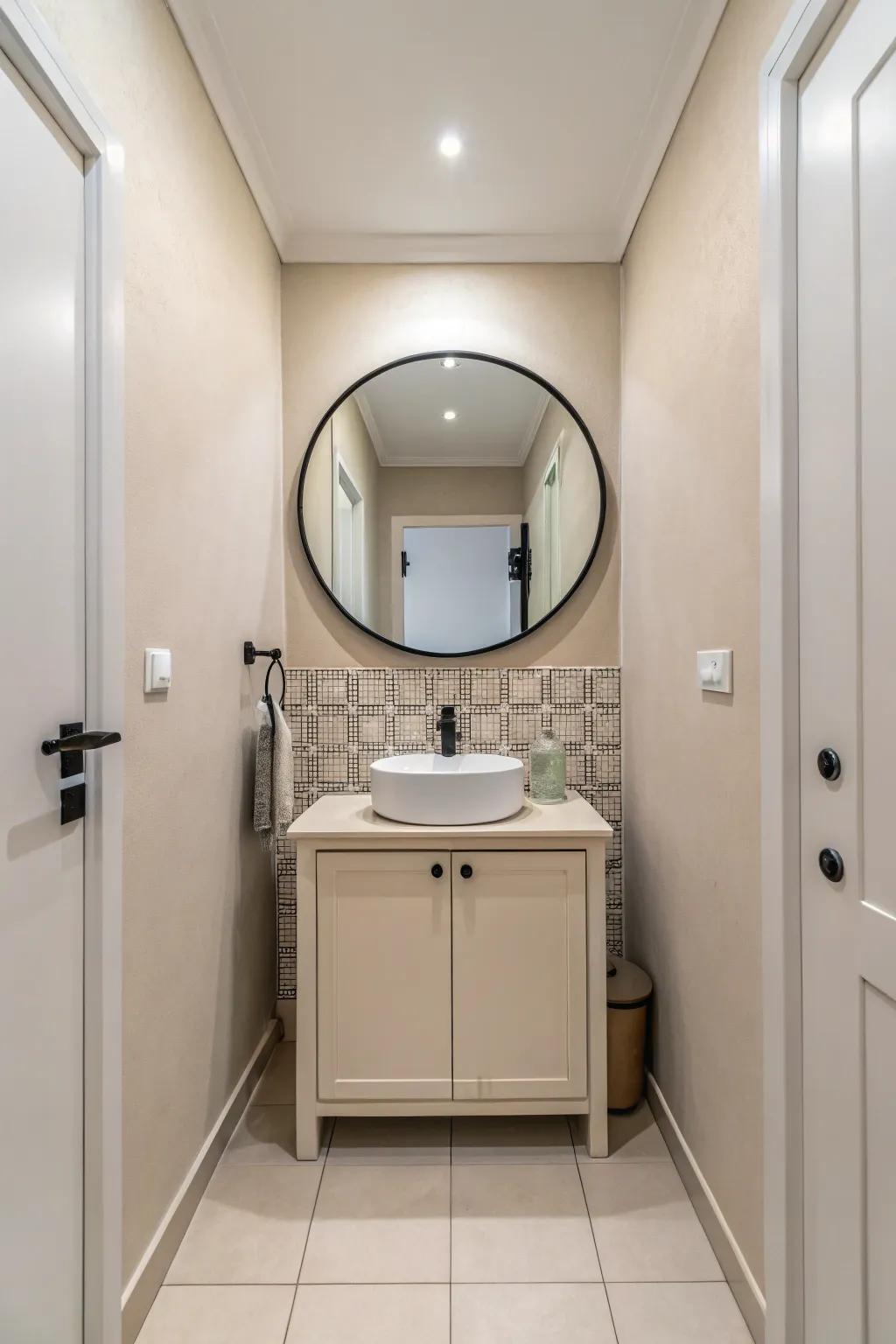Round mirrors enhance flow and add modern charm.