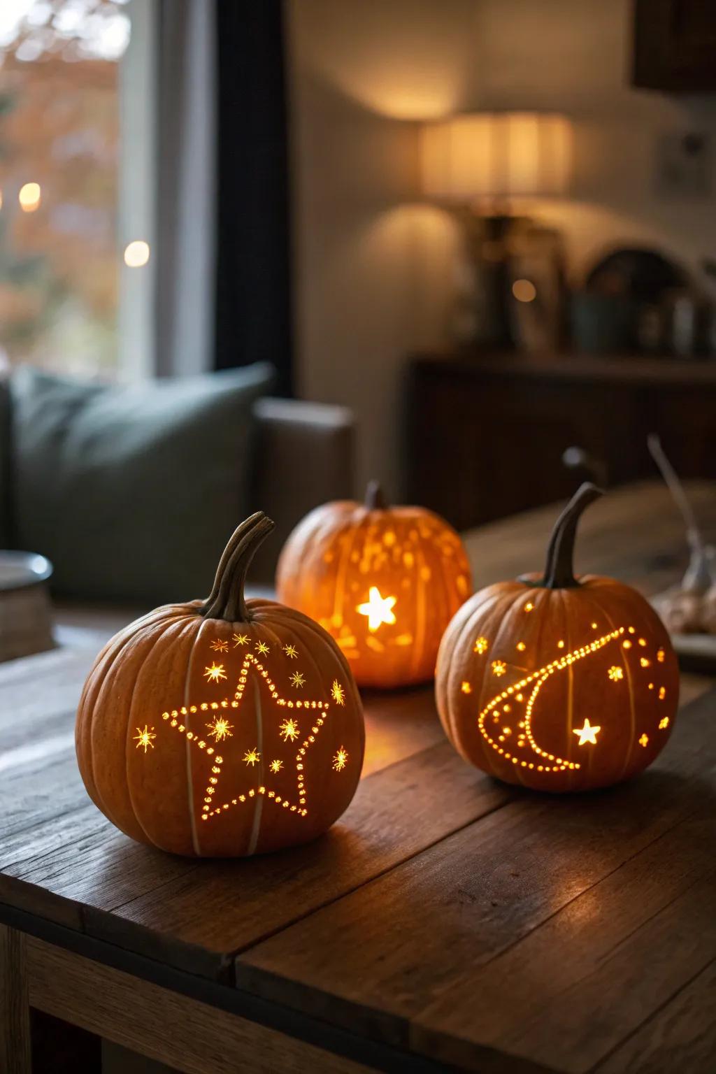 Pumpkins carved with constellations creates an enchanting, starry atmosphere.