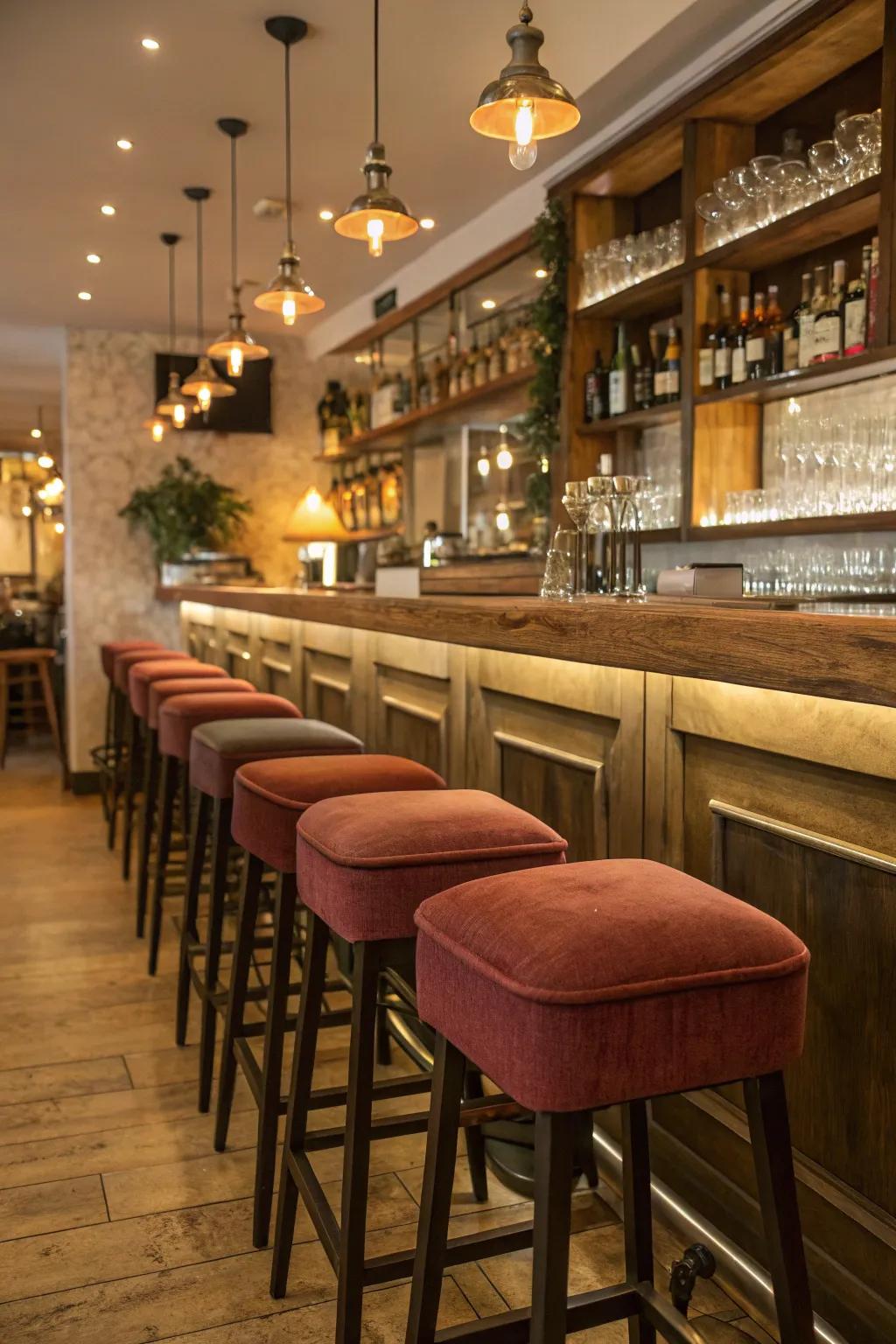 Welcoming seating encourages guests to relax and enjoy their time at a snug restaurant bar.