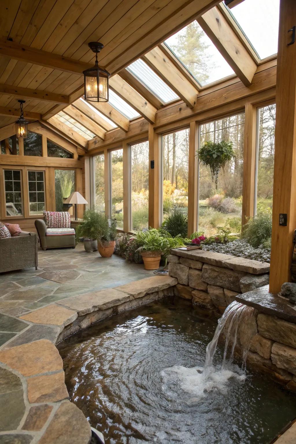 A cascading feature adds a serene mood to this country-style sunroom.