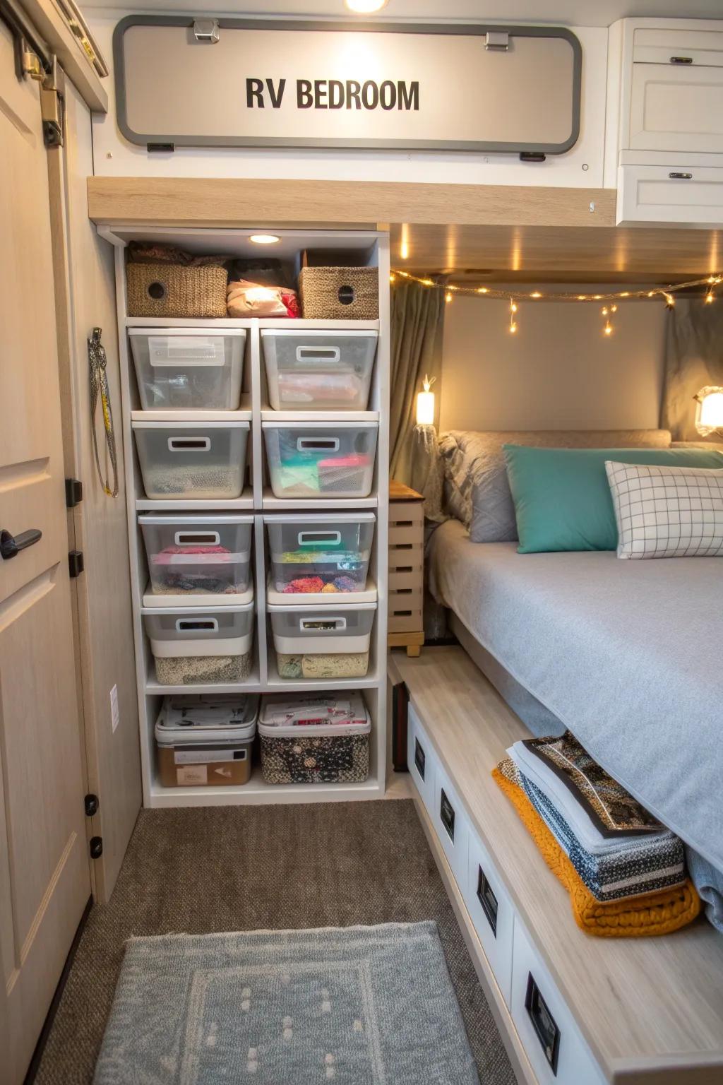 Under-sleeper storage solutions help keep your RV bedroom neat and organized.
