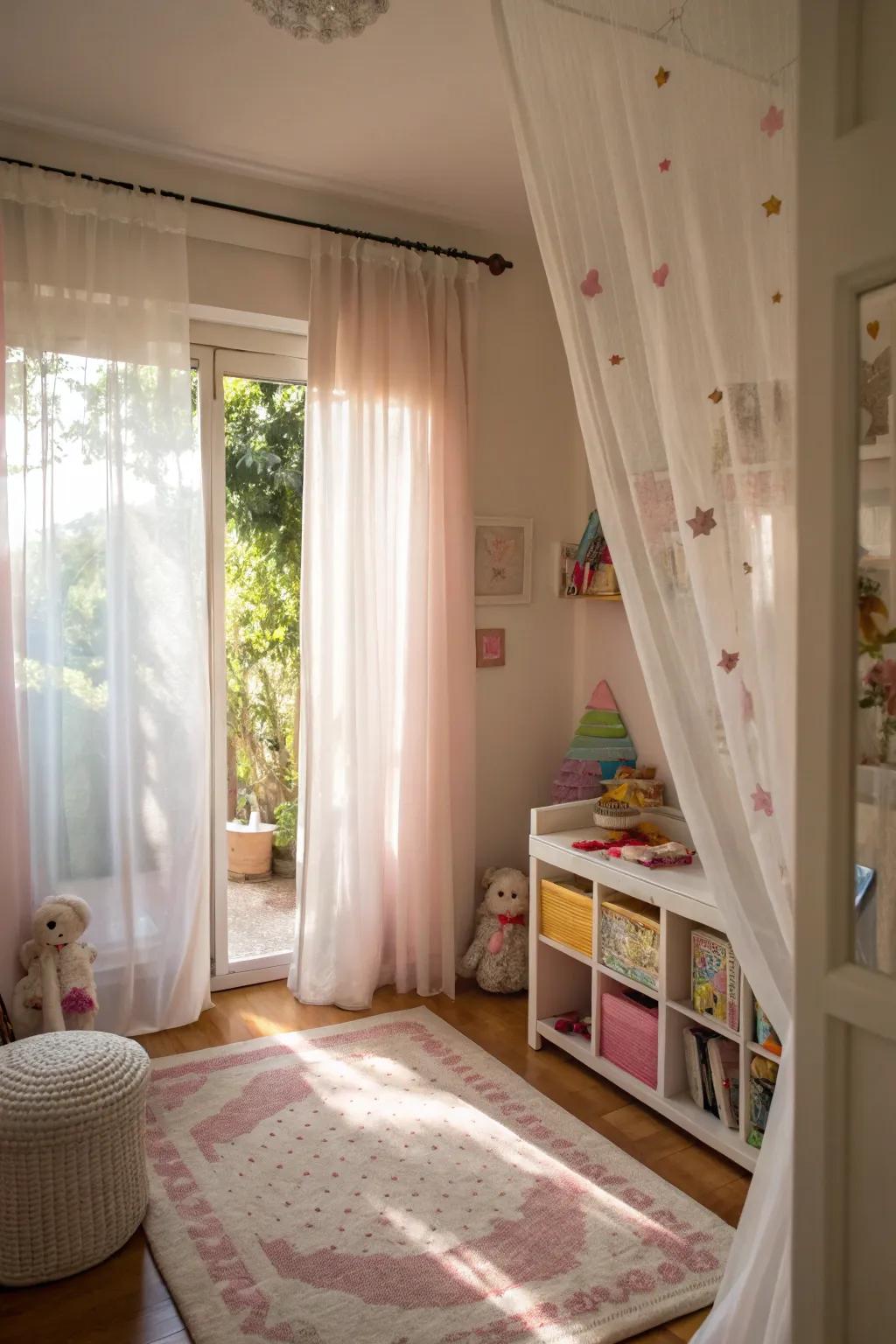 Sheer curtains create an airy and bright atmosphere.
