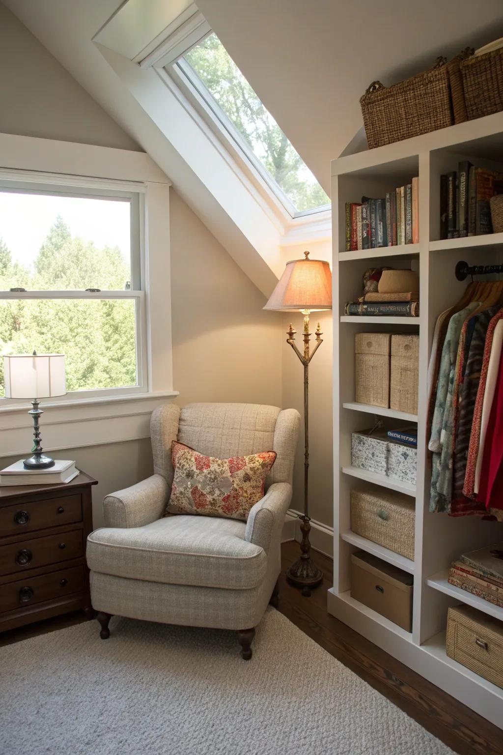 A reading space by the window adds charm and functionality.