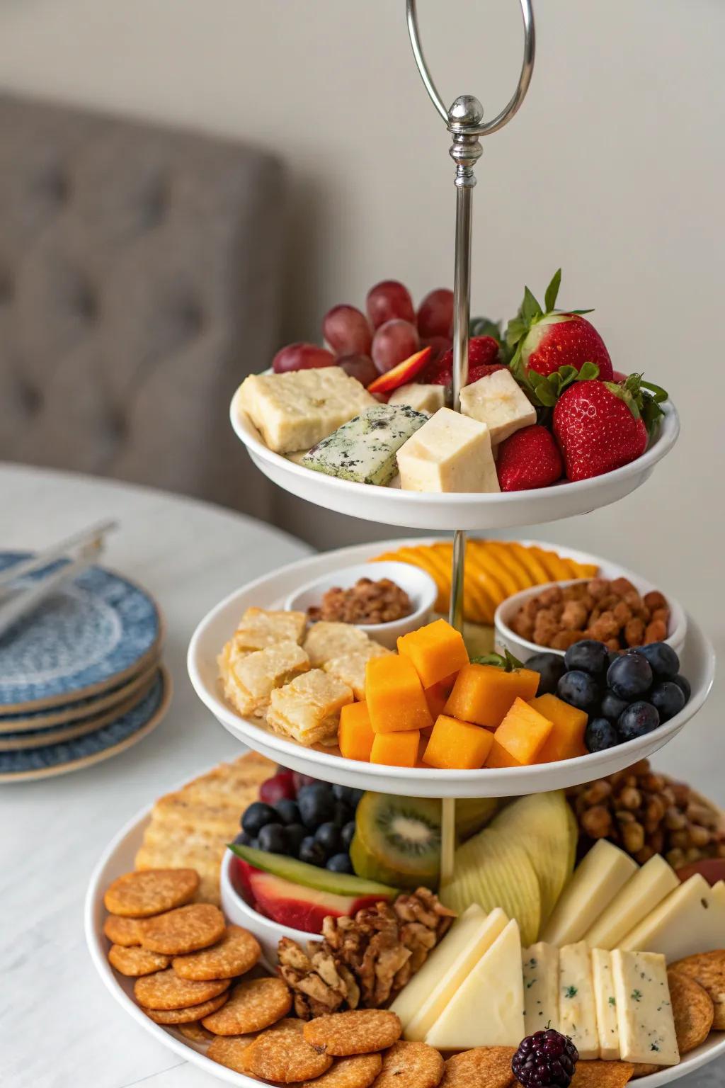 Multi-level trays take up minimal area while providing an attractive way to present snacks.