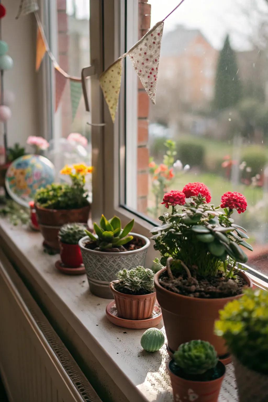 A window ledge creatively used for showing off plants and decor.