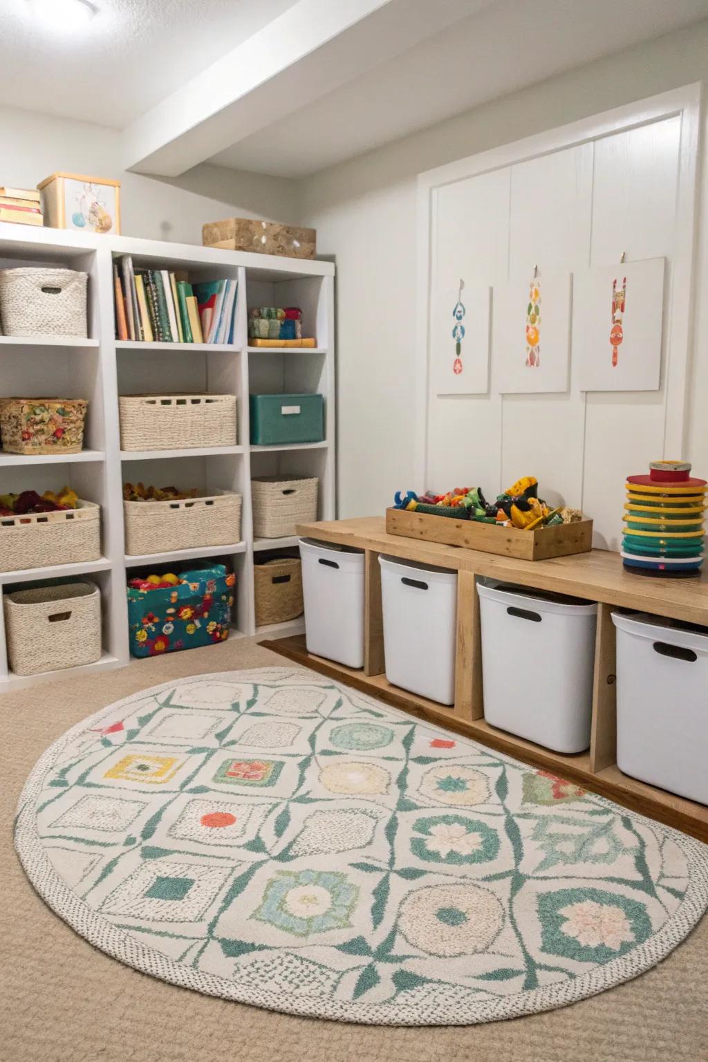 A streamlined play area featuring integrated toy storage solutions.