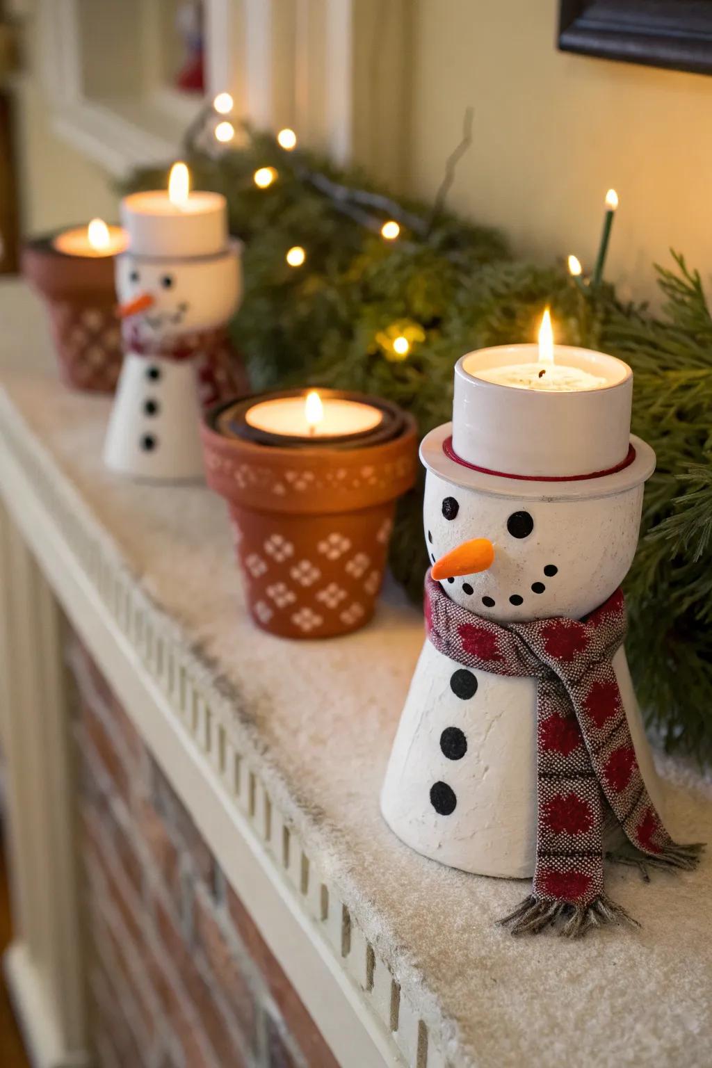 Snowman candle platforms cast a cordial, inviting glow.