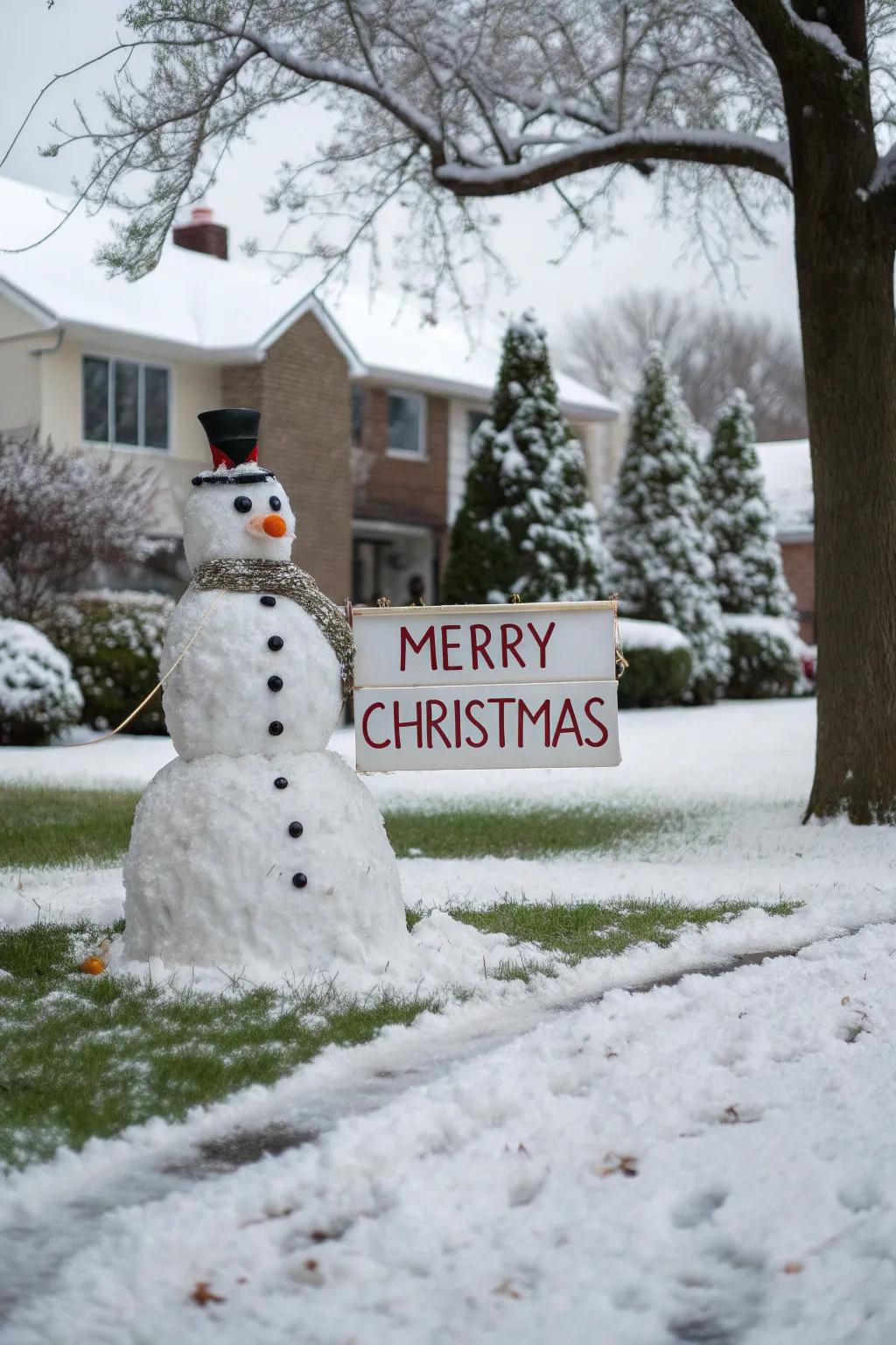 A snowman conveying a welcoming communique to visitors.