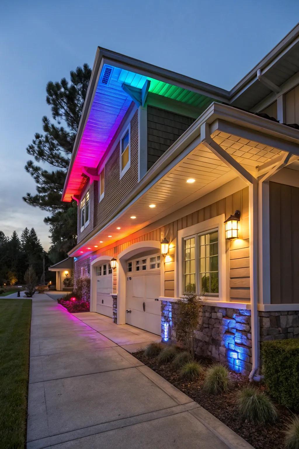 Dynamic soffit lighting systems offer versatile color and intensity options.