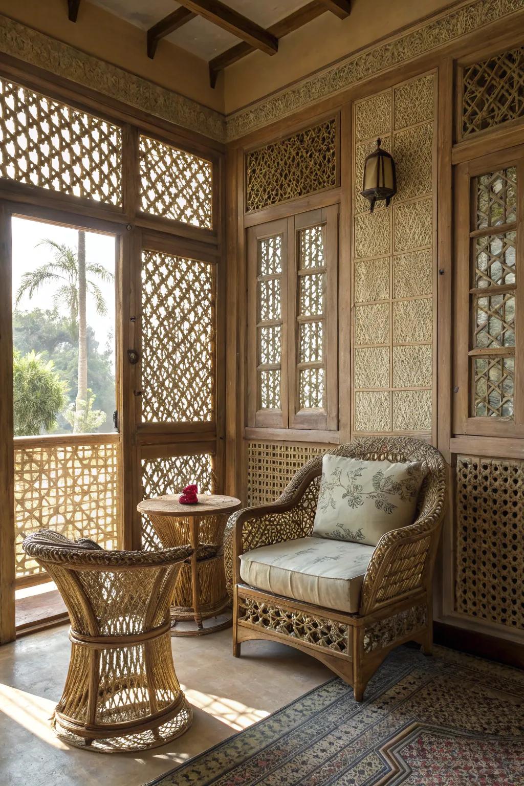 Woven materials such as wicker and reed add Southern charm.