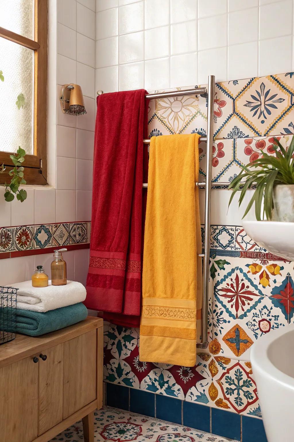 Bold colors in textiles add lively contrast to the space.