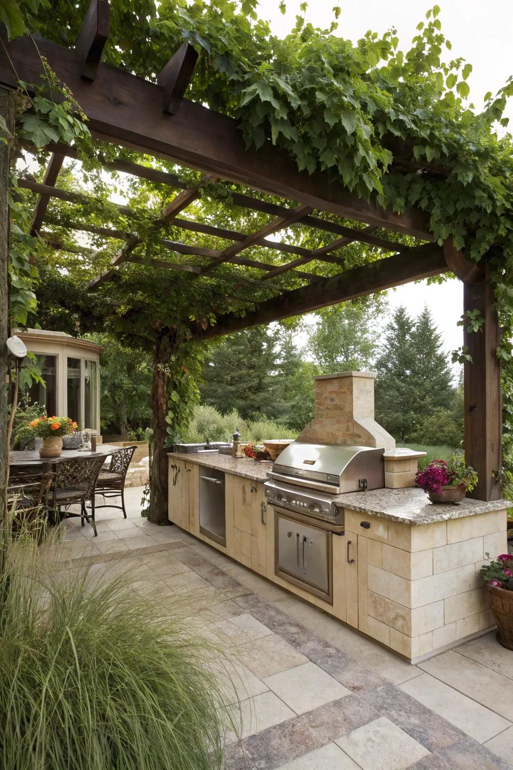 A vine-covered canopy provides shade and charm to this beautiful outdoor kitchen.