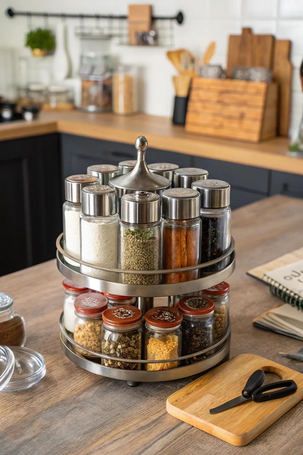 A rotating carousel makes spices easily accessible.