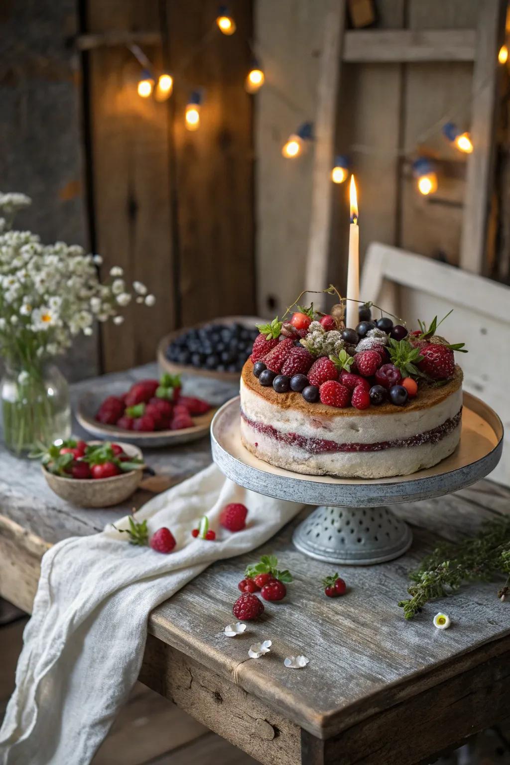 A rustic berry-covered cake radiating natural grace.