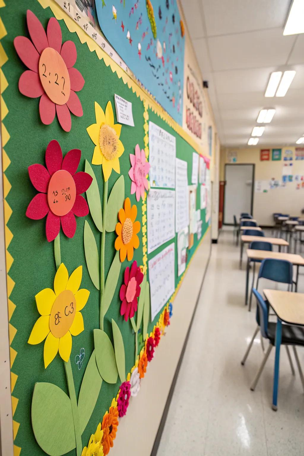 A math-centric notice board with flowers illustrating engaging concepts.