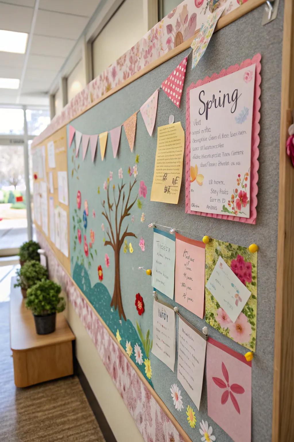 Textured elements creating a tactile experience on the bulletin board.