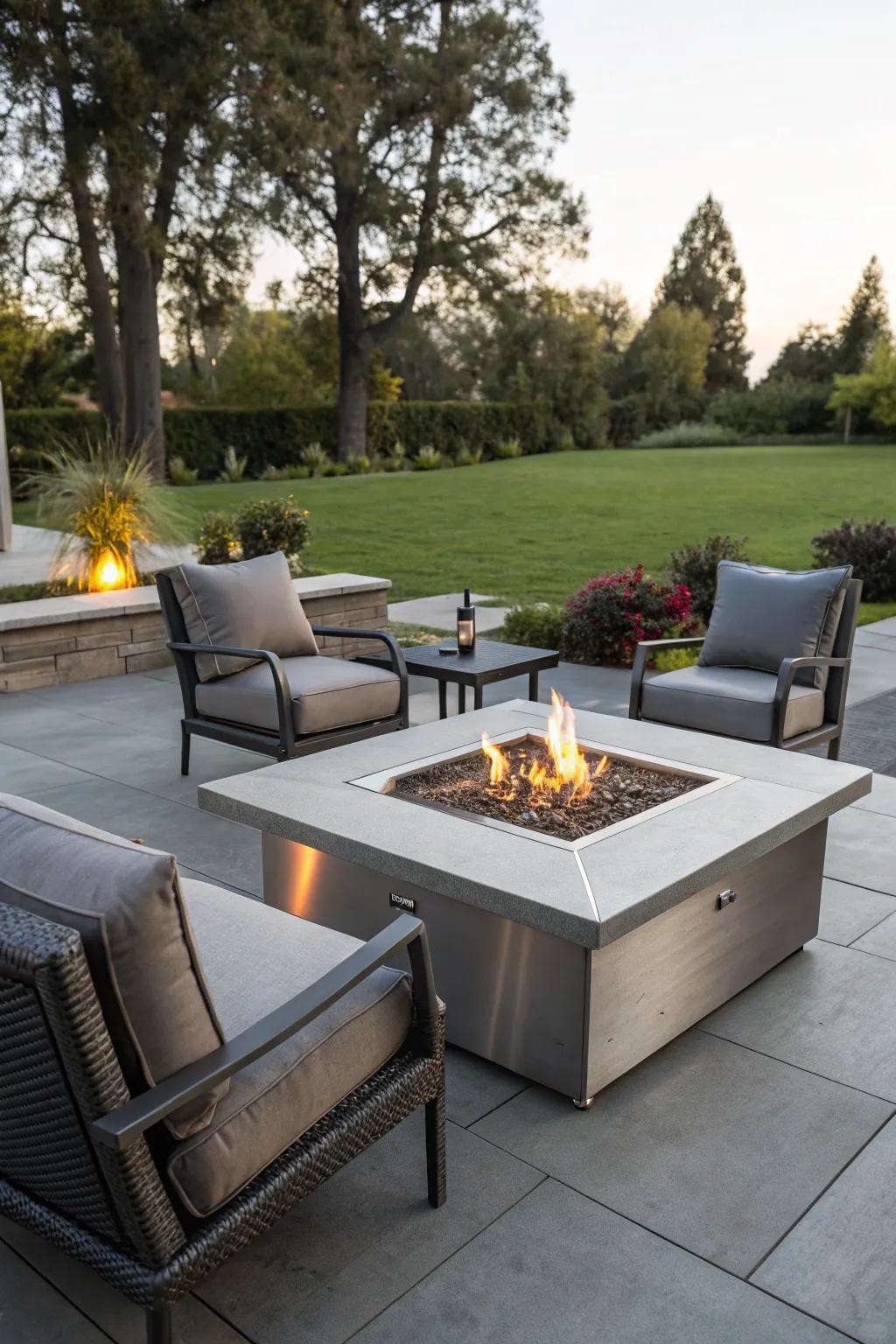 Metallic elements offer a sleek and modern fire pit look.