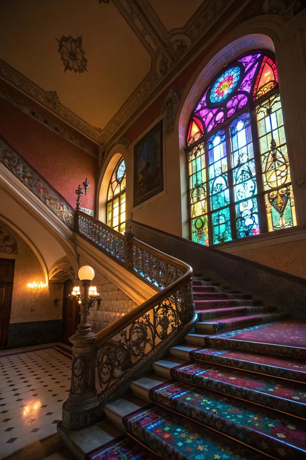 Stained glass windows add elegance and color to staircases.