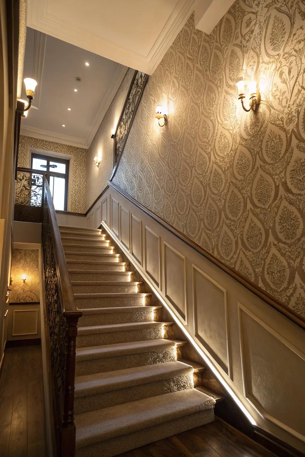 Textured wallpapers on your stair landing add depth and visual interest.