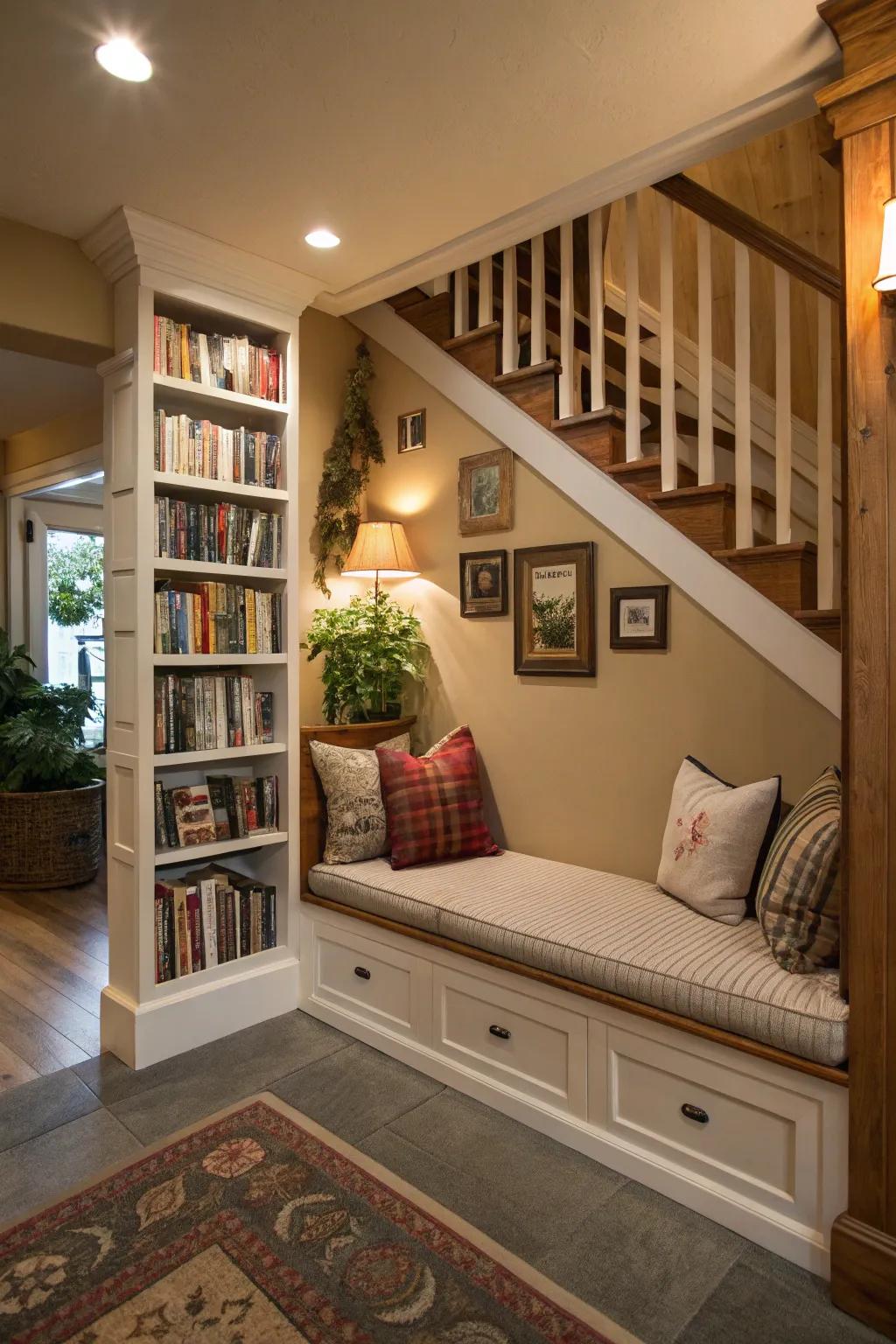 A reading nook beneath the stairs creates a useful, inviting corner.